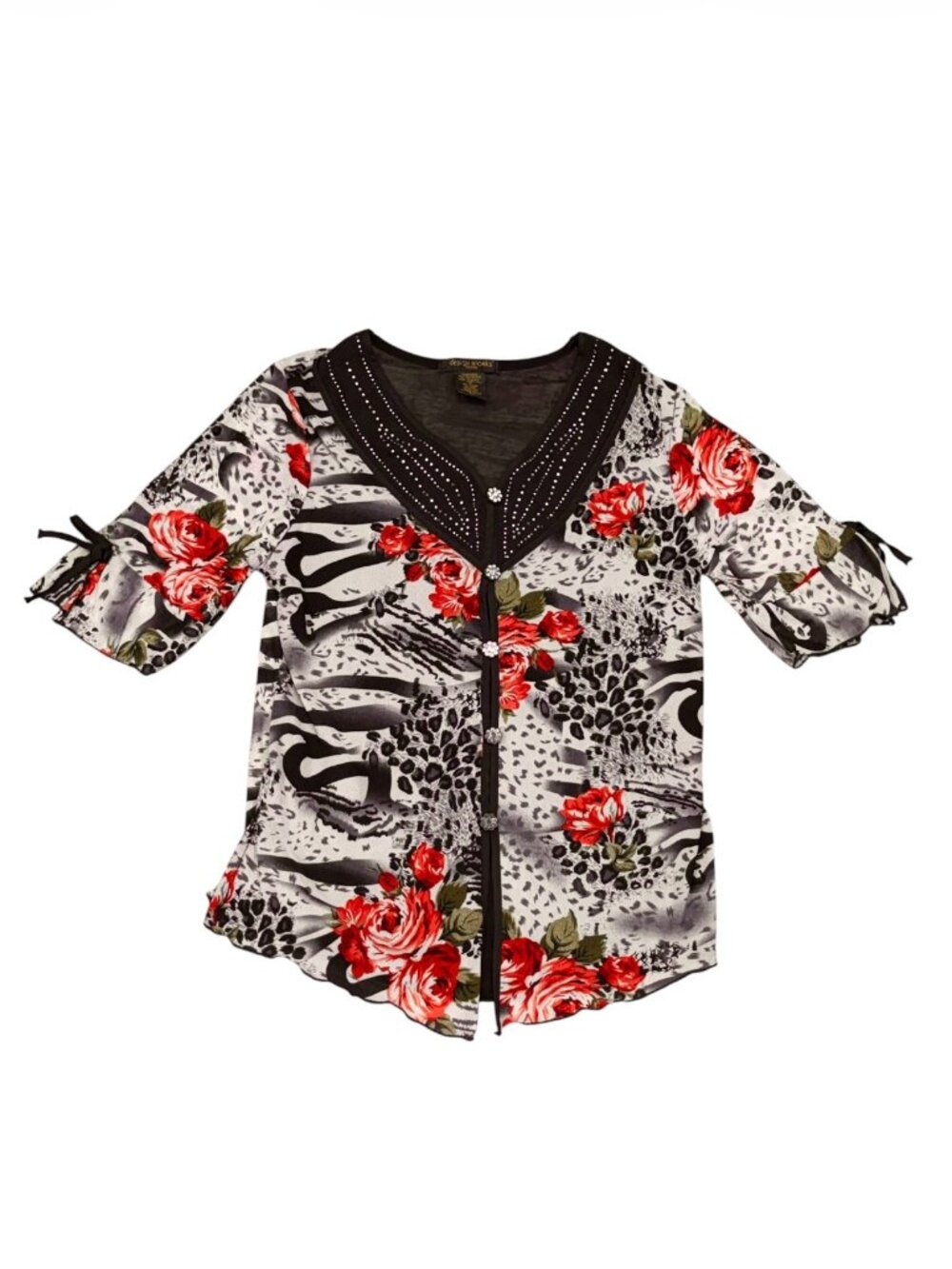 Vintage Floral Animal Print Button Blouse Top Y2K Petite Medium